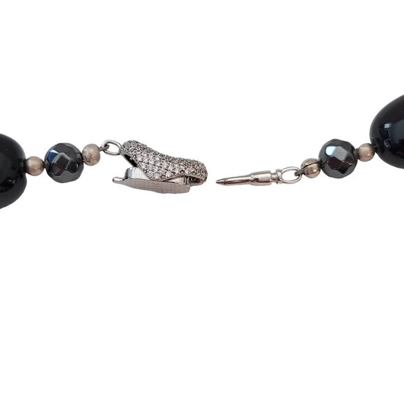 Sterling Silver Black Onyx Clear Geometrical Crystal Pendant Necklace E872 - Picture 15 of 16